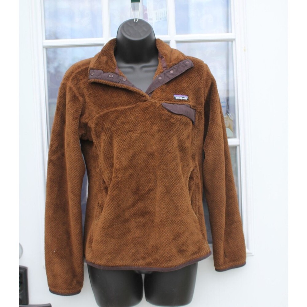 Patagonia Womens Fuzzy Snap Fleece Pullover Size M Medium Pockets Brown Collar